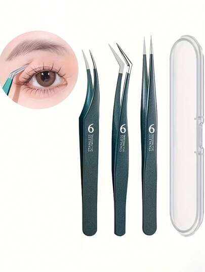 3pcs/Set Green Precision Eyelash Tweezers Extension Tool Kit, Includes Eyelash Transplant Clip, Eyelash Applicator Tweezers, Curved Eyelash Tweezers, Easy To Apply And Remove, High Precision False Eyelash Tweezers For Beginners, Includes PP Storage Box