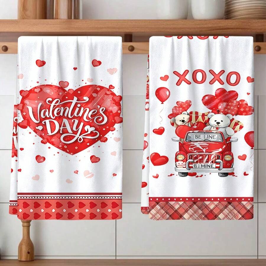 2/4 Pcs Valentine's Day Themed Printed Dish Towels, Ideal For Valentine's Day Gifts, Decorations, Super Absorbent Microfiber Modern Towels For Cooking, Baking, Washing Dishes, Cleaning, Hand Towels, Tea Towels, Soft And Highly Absorbent, Kitchen Decor, Gifts For Neighbors, Moms, Birthdays, Housewarming For Friends, Kitchen Essentials, Daily Necessities - Multicolor - View 1