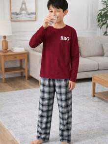2pcs Boys Plaid Pajama Set, Round Neck Long Sleeve "BRO" Letter Print Top Paired With Plaid Print Casual Pants, Homewear Set, Suitable For Spring, Autumn, Winter Daily Wear, Also Can Be Children's Gift - Burgundy - View 3