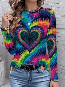 Women's Multicolor Tie-Dye Heart Print Long Sleeve T-Shirt - All-Over  Pattern With Blue Pink Green Yellow Orange Red White Black, Round Neck Casual Spring/Fall Top For Valentine's Day & Casual Attire, Fall Outfit, Spring Fashion, Colorful Design, Breathable Material, Machine Washable, Printed Blouse, Women, Gift Seekers   Ideal For Everyday Wear, Casual Layering, And Comfort, This Relaxed Shirt Is A Versatile Holiday Top Suitable For Camping Or Hiking, Designed For Year-Round Casual Dressing - Mixed Color - 查看 3