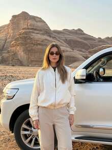 1pc Fashionable & Elegant Women's Floral Jacquard Zip-Up Bomber Jacket, Suitable For Casual Wear, Vacation, Holiday, Commute, Sports, All Season Spring/Autumn - White - View 4