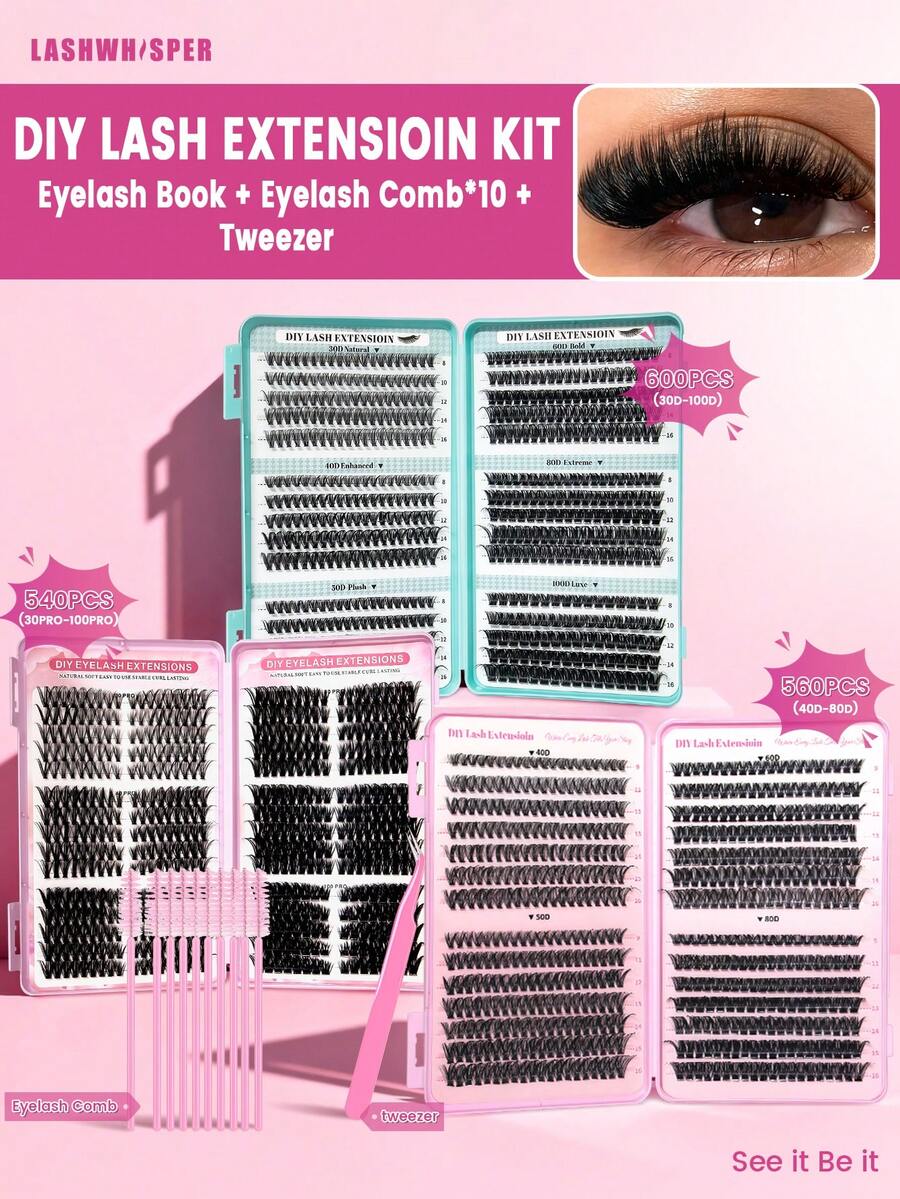 600 piezas de racimos de pestañas DIY 30D40D/50D/60D/80D100D Rizo D 9-16mm Aspecto natural Suave y ligero Pestañas individuales reutilizables con brochas para maquillaje diario - Multicolor - Ver 1