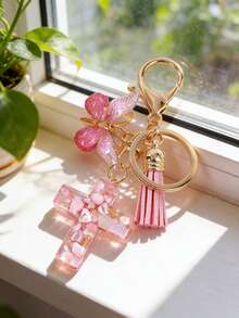 Resin Cross Keychain, Women's/Girls' Style, With Butterfly Pendant And Tassel, Inlaid With Pebbles, Sparkling Hearts And Purple Sequins, Fashionable Jewelry Gift, Easter Baptism Party Gift, Car Ornament, Bag Pendant, Cute Gothic Style Y2K.Bag Charms,Keychains,Purse Charms,Plush Keychain,Keychain,,Girls Keychain,Cute Keychains For Girls,,Keychains For Woman,Bag Charms,Christmas Gifts - 粉色 - 查看 2