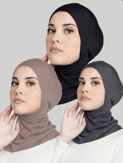 3pcs Women Fashion Solid Color Combo Set, Elastic Chin Cover, Convenient Hijab, Scarf, Headscarf, Abaya Dress, Suitable For Daily Wear