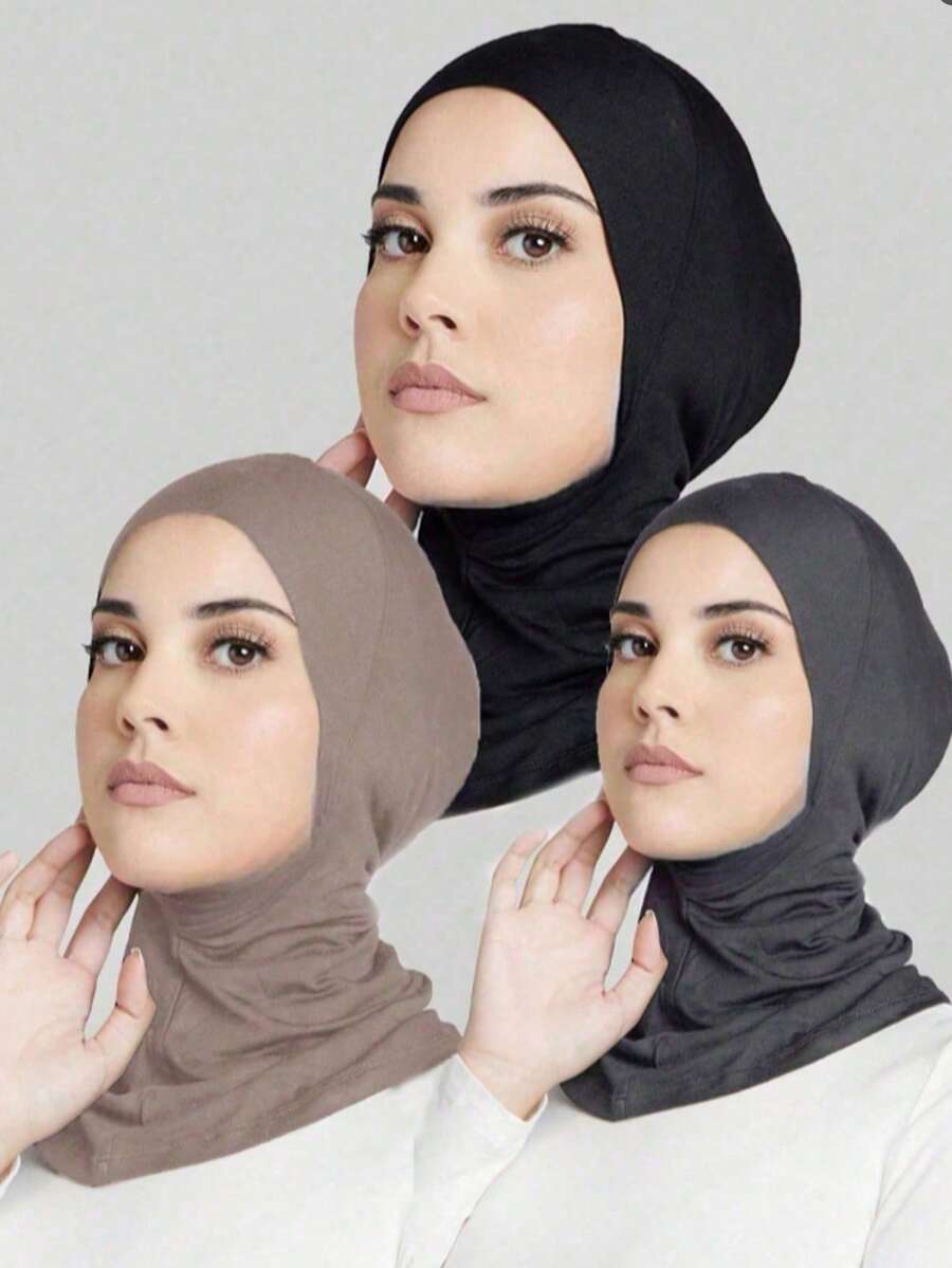 3件套女士时尚纯色组合套装，弹性下巴罩，方便的头巾，围巾，头饰，长袍，适合日常穿着 - 彩色 - 查看 1