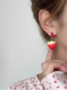 1 Pair Cute Sweet Strawberry Tassel Earrings, Cartoon Fruit Stud Earrings For Girls - Red - View 2