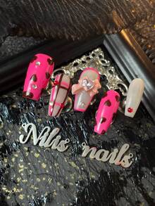Bộ 10 móng giả acrylic ngắn hình vịt, màu hồng đỏ và trắng, trang trí nơ 3D và kim cương, đá quý nhiều màu sắc, họa tiết trái tim vẽ tay, chấm bi và hình học, phù hợp cho sử dụng hàng ngày, tiệc tùng, ngày lễ, tiệc theo chủ đề, ngày Valentine (Bao gồm: 1 gel dẻo và 1 miếng đánh bóng) Dụng cụ làm móng - Màu Hồng Tươi - Xem 4