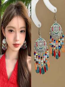 一对波西米亚流苏人造水晶耳环，复古高端夸张吸睛耳环，适合度假、海滩派对、宴会等场合佩戴。送给女性的最佳礼物，节日佳品。 - 波希米亞 - 查看 6
