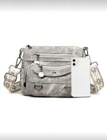 Women Crossbody Bag Made Of Soft Leather, Middle-Aged Shoulder Bag, New Design For Spring & Autumn - Xám - Xem 2
