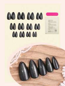 24pcs Cat Eye Nail Stickers, Medium Almond Shape, Black, Reusable, Full Coverage, Minimalist Style, Smooth Surface, Suitable For Women And Girls Daily Wear Nails Nail Supplies - Black - View 2