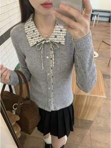 Women's Casual Front Button Knit Top - Grey - View 10