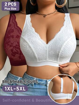 MEIYATING 2pcs Plus Size Women Sexy Lace Trim Deep V Bra, Supportive & Lightweight Backless Bra