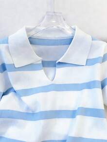 女士条纹短袖 Polo 领 T 恤，新款夏季针织衫，条纹撞色罗纹，沙滩装