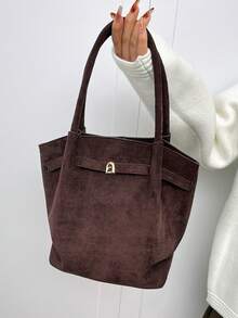 Dedoo 欧美小众设计麂皮水桶包，带扣设计，女士街头风手提包，适合秋冬季购物、通勤、聚会和送礼。 - 咖啡 - 查看 11