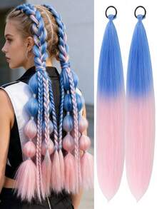 1-2pcs 26 Inch Blue & Pink Ombre Braiding Hair Extensions | Women Synthetic Yaki Straight Heat Resistant Fluffy Ponytail | Suitable For Halloween, Christmas, Holiday Parties - Multicolor - View 2