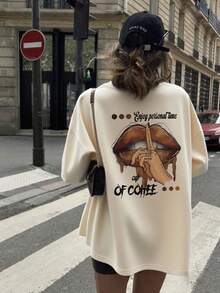 夏季新款简约时尚INS吸睛美式咖啡手势印花休闲圆领短袖T恤，时尚百搭女式上衣 - 杏色 - 查看 5