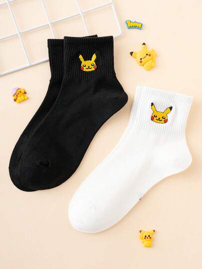  2 Pairs Women's Embroidered Pokemon Series Pikachu Pattern Funny Cartoon Ankle Socks, Unisex, Sporty Style, Suitable For All Seasons, European & American Sizes, Comfortable & Breathable, Durable, Vibrant Colors, Suitable For Daily Wear, Quality Fabric, Won't Cause Foot Discomfort.