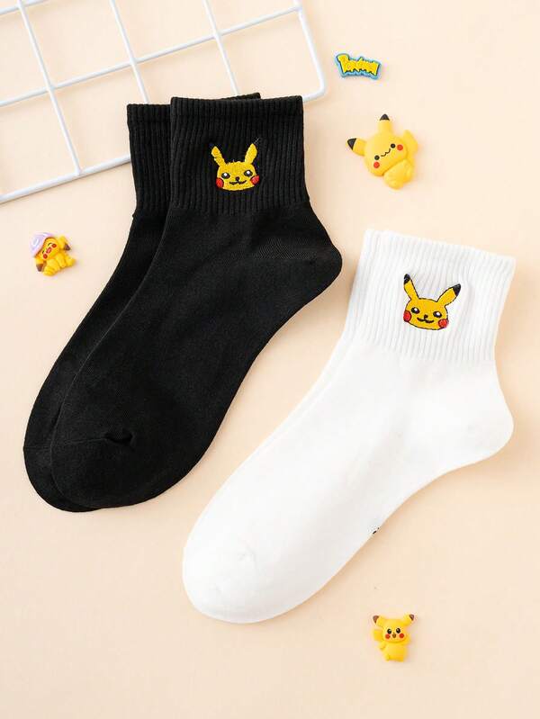  2 Pairs Women's Embroidered Pokemon Series Pikachu Pattern Funny Cartoon Ankle Socks, Unisex, Sporty Style, Suitable For All Seasons, European & American Sizes, Comfortable & Breathable, Durable, Vibrant Colors, Suitable For Daily Wear, Quality Fabric, Won't Cause Foot Discomfort.