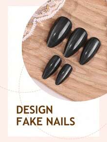 24pcs Cat Eye Nail Stickers, Medium Almond Shape, Black, Reusable, Full Coverage, Minimalist Style, Smooth Surface, Suitable For Women And Girls Daily Wear Nails Nail Supplies - Black - View 3