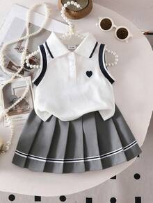 2pcs Baby Girls' Heart Embroidery Polo Collar Sleeveless Top And Ribbon Waist Pleated Skirt Set, Cute & Elegant Street Style - Light Grey - View 1