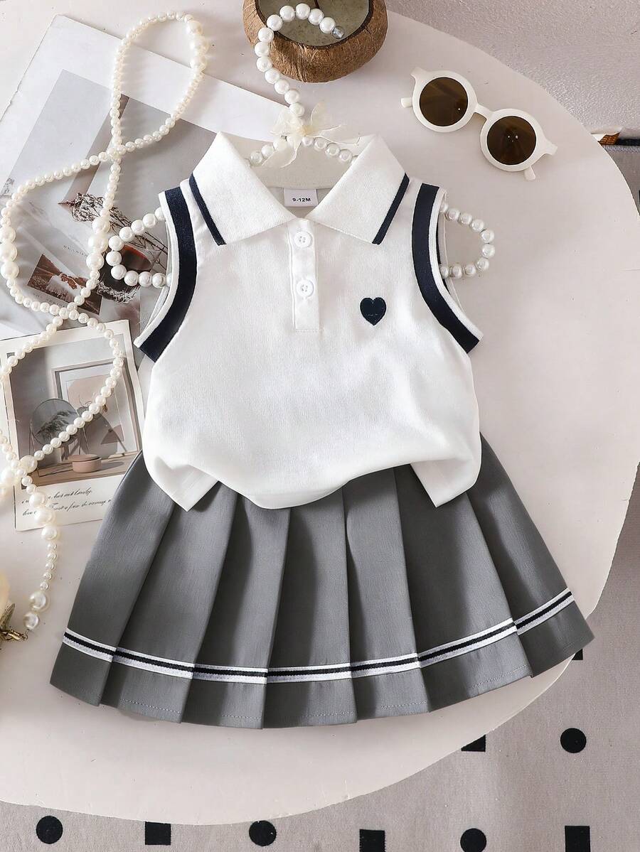 2pcs Baby Girls' Heart Embroidery Polo Collar Sleeveless Top And Ribbon Waist Pleated Skirt Set, Cute & Elegant Street Style - Light Grey - View 1