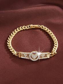 1pc Fashion Heart-Shaped Design Cubic Zirconia Inlaid Women's Bracelet, Couple Gift - Multicolor - View 5