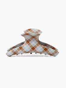 1个优雅半圆形椭圆形一体式拱形浅蓝色和棕色条纹格子发爪，时尚个性化发夹，适合日常外出和休闲聚会 - 彩色 - 查看 7