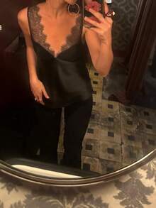 Camellia New Women's Fashion Sexy Lace Satin Blouse, Spring/Summer - Black - View 5