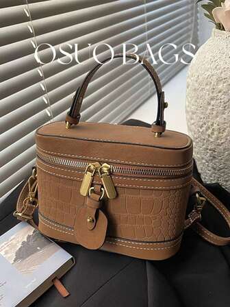 2026 Spring/Summer New Mini Letter Leather Tag Pendant Decor Solid Color PU Leather Stone Texture Pattern Handbag, Cosmetic Bag, Square Handbag, Niche Fashion Bucket Tote, Box Bag, Versatile Casual Shoulder Crossbody Bag For Women