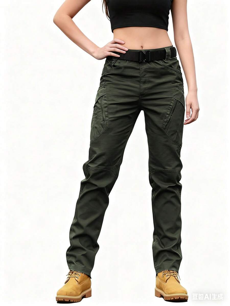 Streetwear Casual Commute Pocket Work Pants Lightweight Wide Leg Waist Cinched Travel Pants, Black Work Pants, Multifunctional Pockets, Outdoor Casual Loose Fit, Breathable Material, Suitable For Outdoor Enthusiasts - 綠色 - 查看 1