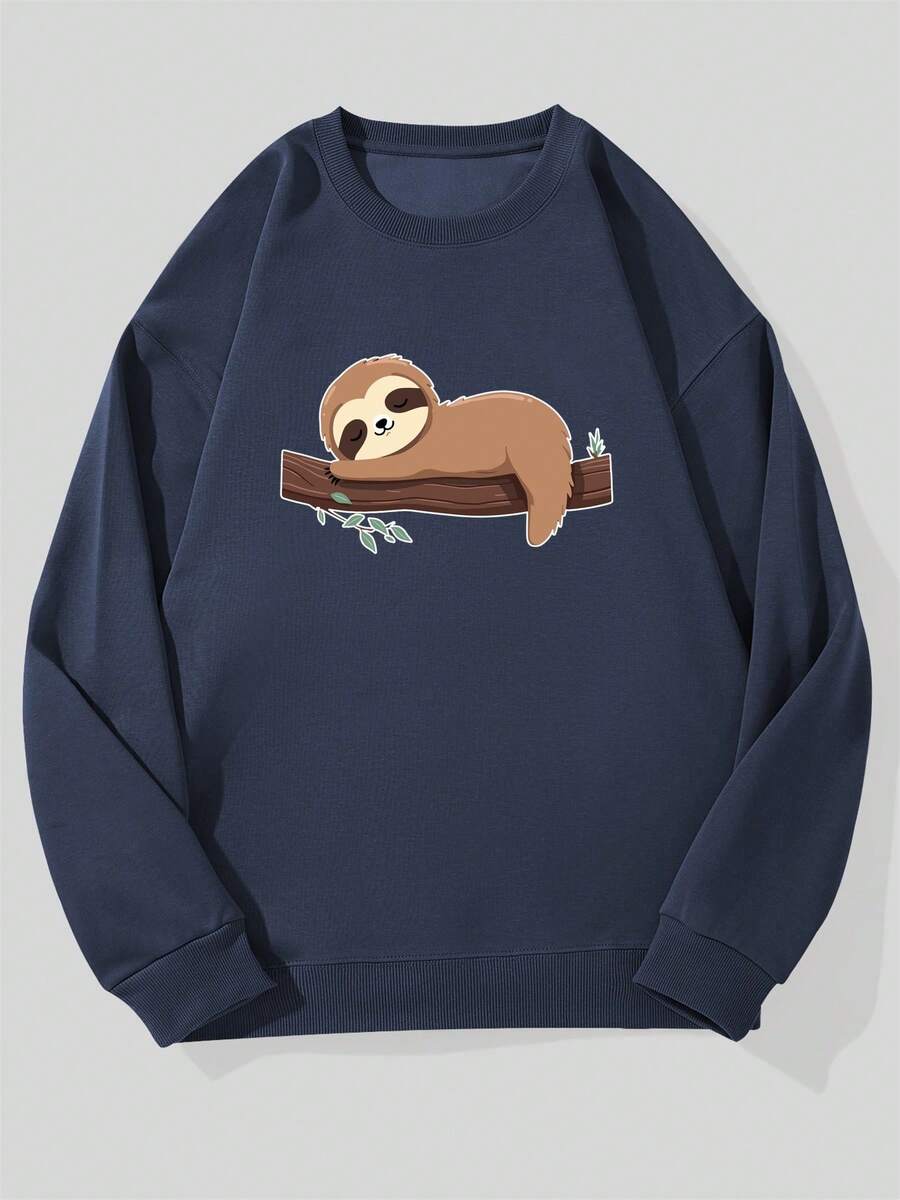 Sudadera Casual de Cuello Redondo con Patrón de Perezoso para Hombre - Azul Marino - Ver 1