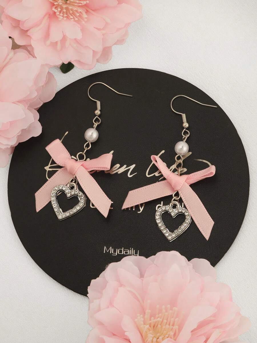 1 Pasang Anting Liontin Hati Berongga dengan Hiasan Pita Merah Muda Elegan, Manis, dan Imut untuk Wanita - Anting liontin hati pita merah muda - View 1