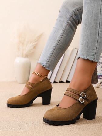 Damskor med rund tå och tjock klack, enfärgade och casual retro-höga klackar, mångsidiga för vår och höst