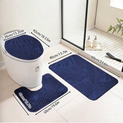 3pcs High Definition Embossed Striped Bathroom Mat Set, Including Toilet Seat Cover, U-Shaped Pedestal Mat, Non-Slip Bathroom Floor Mat. Super Absorbent Machine Washable Polyester Carpet, Suitable For Bedroom, Living Room Entrance, Bathroom Decor