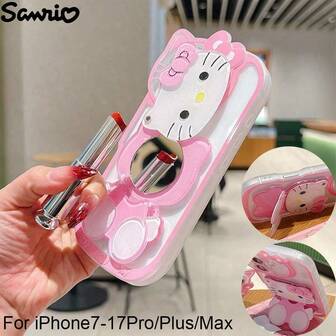 Sanrio Hello Kitty Bracket Rotatable Makeup Mirror Case For IPhone 17/16/15/14/13/12/11/8/7/Pro/Plus/X/Xr/Xs/Max, Cute Cartoon Anti-Fall, Thin, Simple And Stylish, Friction-Resistant, Anti-Fingerprint, Anti-Fall, High-End And Luxurious Feel,Transparent Makeup Mirror Phone Case Protective Cover For Women Pink