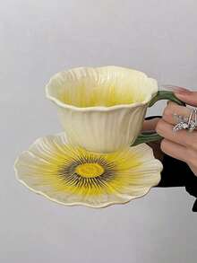 1set Ins Style High-Quality Ceramic Flower Petal Coffee Cup & Saucer Set, Hand-Painted Underglaze Relief Craftsmanship, Household Breakfast Milk Cup, Bread Plate, Office Afternoon Tea Coffee Cup, Latte Art Cup, Juice Beverage Cup, Dessert Cake Plate, Couple Water Cup, Holiday Gift Cup