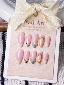 10片手工制作杏仁形乳白色斑马纹法式雕花美甲贴纸，饰以手工3D五瓣花和手绘斑马纹法式图案，并以3D金色圆圈和线条点缀。 - 彩色 - 查看 12