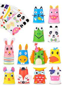 情人节DIY纸杯绘画套装，包含彩色纸杯贴纸和配件，12种不同动物形状的纸板，适合学校DIY艺术项目，图案清晰，有助于提升协调能力，是学习用品，也是情人节派对礼物。 - 彩色 - 查看 1