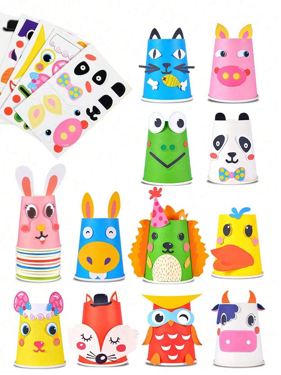 情人节DIY纸杯绘画套装，包含彩色纸杯贴纸和配件，12种不同动物形状的纸板，适合学校DIY艺术项目，图案清晰，有助于提升协调能力，是学习用品，也是情人节派对礼物。 - 彩色 - 查看 1