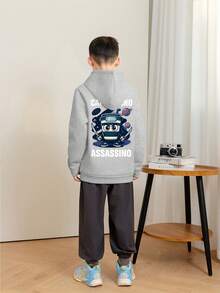 1件装男童休闲印花套头卫衣，保暖内衬，长袖，秋冬季 - 淺灰色 - 查看 2