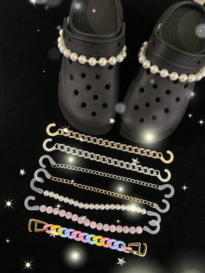 2pcs Multi-Style Chains (Crystal Chain, Zinc Alloy Chain, Pearl Chain, Rainbow Chain, Pink Beaded Chain) Hollow Shoes Charms DIY Decorations, Suitable For Women's Sandals, Slippers, Shoes With Holes And Other Items, Multifunctional Shoe Clips Accessories - Perfect Gift For Holidays, Parties And Special Occasions