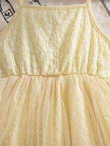 Girls' Casual Solid Color Sleeveless Knee-Length Dress With Bow Decor And Mesh Hem Design, Suitable For Spring/Summer - Yellow - View 5