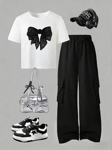 Conjunto de 2 piezas de top corto de punto con estampado de lazo con brillo y pantalones cargo de utilidad para niña preadolescente, ideal para uso casual y deportivo en vacaciones - Blanco - Ver 2