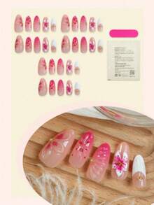 10片法式杏仁形美甲贴纸，粉色渐变，3D立体花卉装饰，水波纹设计，波点珍珠和水钻点缀，甜美风格，光滑表面，全覆盖假指甲，适合女性和女孩日常佩戴
