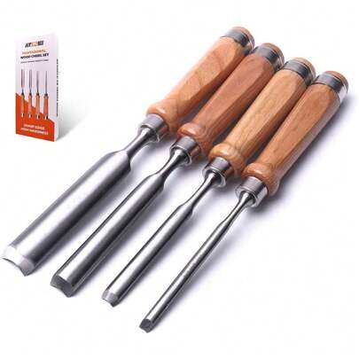 ATOPLEE Ensemble de 4 pièces de ciseaux à bois pour le travail du bois. Outils professionnels de ciseaux à bois en acier CR-V avec lame semi-circulaire tranchante de 8 mm (5/16"), 12 mm (1/2"), 18 mm (3/4") et 25 mm (1") (Taille complète - 4 pièces)