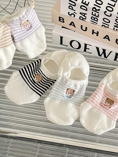 5 Pairs Women's Striped & Bear Pattern White Ankle Socks, Comfortable & Breathable, Suitable For Spring/Summer