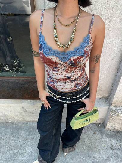 Women's Floral Print Patchwork Contrast Color Lace Camisole Top, Suitable For Daily Wear, Vacation, Valentine's Day And Other Occasions