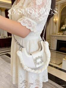 Mini White Denim Shoulder Bag, Fashion Rhinestone Underarm Bag, Elegant Crossbody Bag For Women