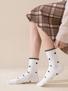 1/5 Pairs Women Ruffle Heart Pattern Mid-Calf Socks, Comfortable Breathable Casual Street Style Design, Suitable For All Seasons, Great Gift For Holidays - Multicolor - View 2