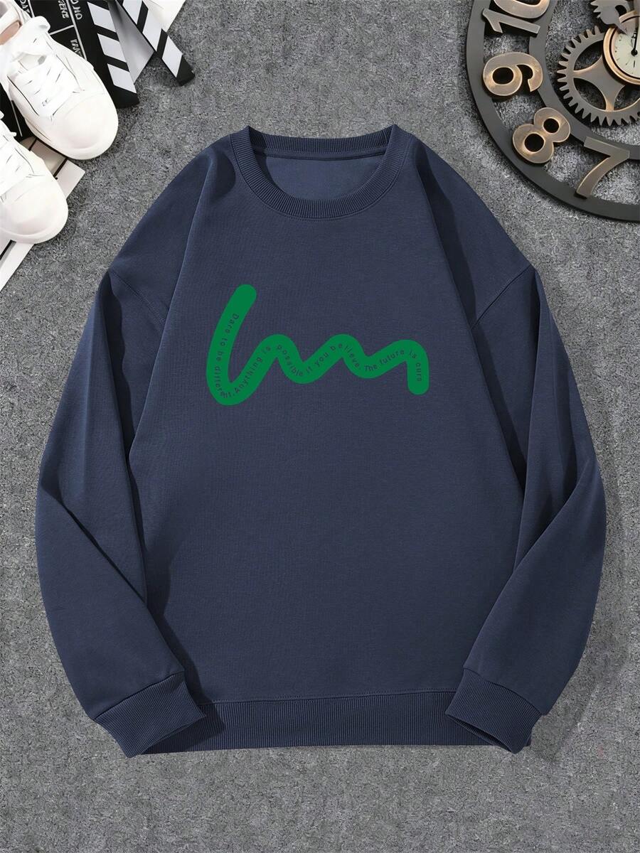 Sudadera Casual de Cuello Redondo con Patrón de Líneas para Hombre - Azul Marino - Ver 1